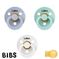 BIBS Colour Schnuller mit Namen, Gr. 2, Dusty Blue, White, Mint, Rund Latex, (3er Pack)